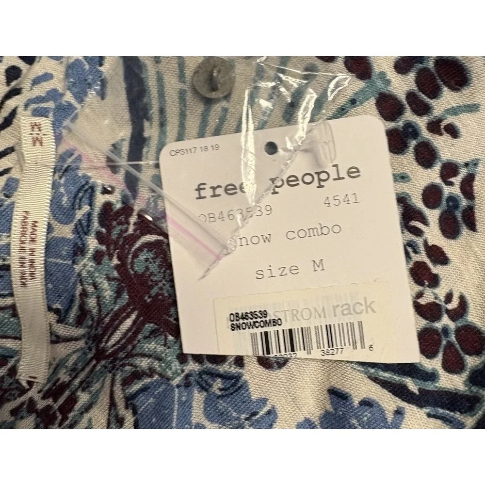 Free People Women M Linen Blend Top Blue Black Open Back Lace Boho Oversized NEW